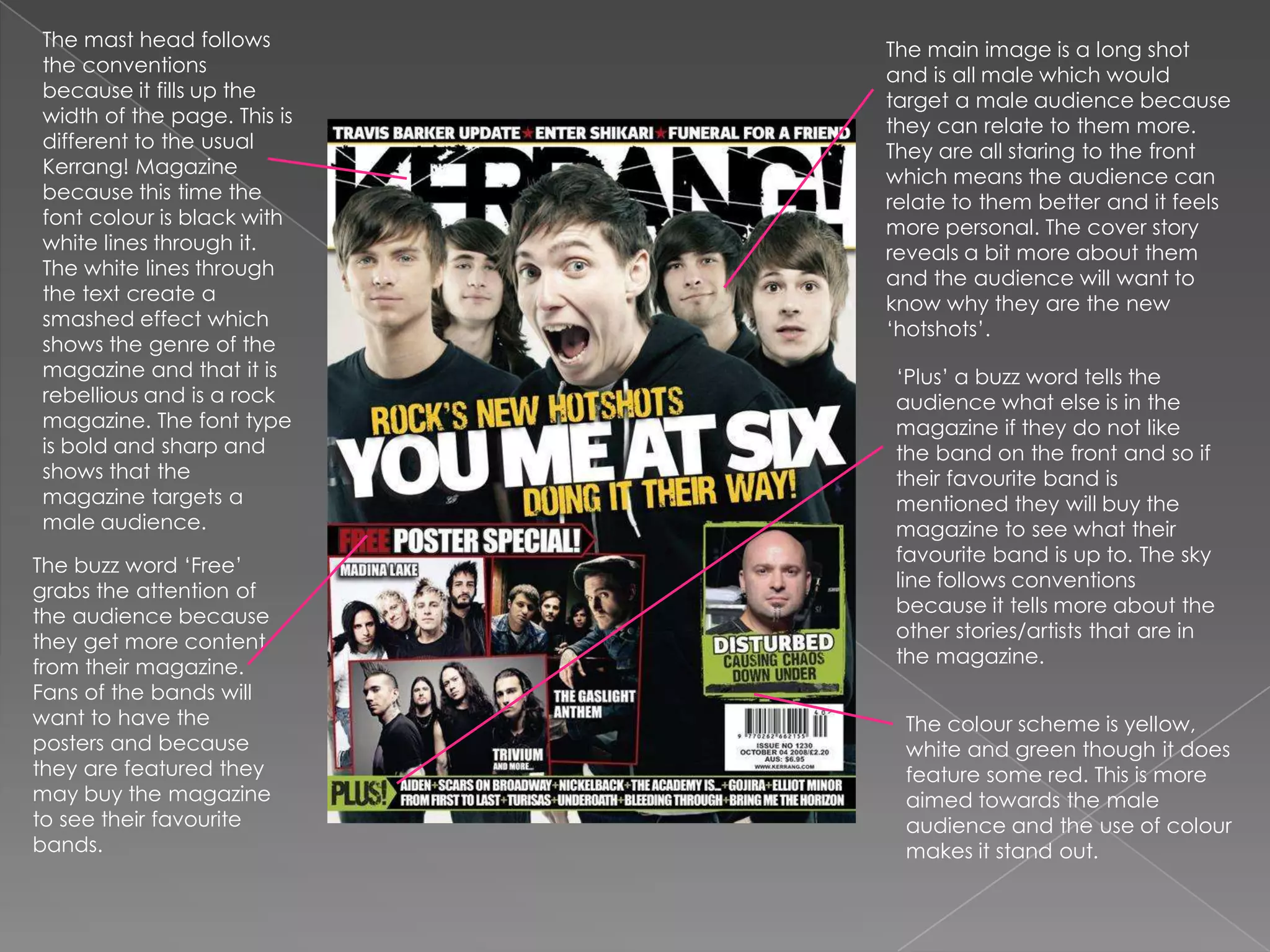 The mast head follows the conventions because it fills up the width of the page. This is different to the usual Kerrang! Magazine because this time the font colour is black with white lines through it. The white lines through the text create a smashed effect which shows the genre of the magazine and that it is rebellious and is a rock magazine. The font type is bold and sharp and shows that the magazine targets a male audience. The main image is a long shot and is all male which would target a male audience because they can relate to them more. They are all staring to the front which means the audience can relate to them better and it feels more personal. The cover story reveals a bit more about them and the audience will want to know why they are the new ‘hotshots’.‘Plus’ a buzz word tells the audience what else is in the magazine if they do not like the band on the front and so if their favourite band is mentioned they will buy the magazine to see what their favourite band is up to. The sky line follows conventions because it tells more about the other stories/artists that are in the magazine.The buzz word ‘Free’ grabs the attention of the audience because they get more content from their magazine.  Fans of the bands will want to have the posters and because they are featured they may buy the magazine to see their favourite bands.The colour scheme is yellow, white and green though it does feature some red. This is more aimed towards the male audience and the use of colour makes it stand out.