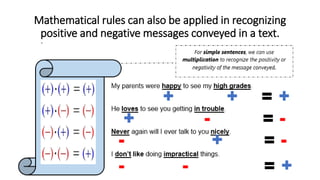 Mathematical rules can also be applied in recognizing
positive and negative messages conveyed in a text.
 