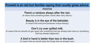 Proverb is an old but familiar saying that usually gives advice.
POSITIVE
There’s a rainbow always after the rain.
(It means that something better comes after every failure.)
Beauty is in the eye of the beholder.
(It means that everyone possesses unique beauty.)
Don’t cry over spilled milk.
(It means that we should not get upset over something that has already been done or something
that has already happened.)
A bird in hand is better than two in the bush.
(It means that we should value the things that we already have.)
 