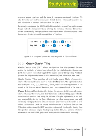 87
Section 3.3 Citation-based Detection Methods
represent shared citations, and the letter X represents non-shared citations. We
also devised a more restrictive measure—LCCS distinct—which only considers the
first occurrence of a shared citation within the LCCS.
Intuitively, considering the LCCS yields high similarity scores if an author reused
longer parts of a document without altering the contained citations. The method
allows for arbitrarily sized gaps of non-matching citations and can compute a sim-
ilarity score despite potential transpositions of citations.
Figure 3.5. Longest Common Citation Sequence in two documents.
3.3.3 Greedy Citation Tiling
Greedy Citation Tiling (GCT) adapts an algorithm that Wise proposed for com-
puting the similarity of text strings, primarily for the plagiarism detection use case
[559]. Researchers successfully applied the original Greedy String Tiling (GST) al-
gorithm for plagiarism detection in text documents [248] and source code [418].
Greedy Citation Tiling identifies all individually longest blocks of consecutive
shared citations in identical order, so-called citation tiles. We represent citation
tiles as triples 𝑡𝑡 = (𝑠𝑠1, 𝑠𝑠2, 𝑙𝑙), in which 𝑠𝑠1 and 𝑠𝑠2 denote the starting positions of the
match in the first and second document, and 𝑙𝑙 indicates the length of the match.
Figure 3.6 exemplifies citation tiles in two documents. Arabic numerals denote
shared citations, the letter X non-shared citations, and colored highlights with Ro-
man numerals citation tiles using the notation of triples representing start, end,
and length of the tile. As the figure illustrates, the tiling approach can cope with
arbitrarily sized gaps between citation tiles and transpositions in the order of indi-
vidual citation tiles. Users can choose a minimum size of matching citation tiles.
Using this option causes the GCT algorithm to ignore all citation tiles shorter than
the specified minimum length. Finding long citation tiles, i.e., patterns of shared
citations in the same order, provides a strong indication of content similarity.
LCCS: 1,2,3
Src. Doc. X X 1 X X 2 X X 3 4 5 6
Susp. Doc. X 1 X 6 5 2 X X X 4 3 X
 