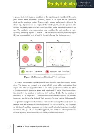 132 Chapter 4 Image-based Plagiarism Detection
𝑛𝑛-grams. Each text fragment identified in the input image is considered the center
point around which we define a proximity region. In the figure, we use a fixed-size
circle as the proximity region. However, other shapes and dynamic sizing of the
shape, e.g., dependent on the length of the text fragment, are also possible. The
method projects the proximity regions of the input image into the comparison im-
age. The similarity score computation only considers the text matches in corre-
sponding proximity regions (A and D). Text matches outside of a proximity region
(B) and non-matching text (C and X) do not influence the similarity score.
Figure 4.9. Illustration of Positional Text Matching.
The current implementation of Positional Text Matching uses the following param-
eters. The images are rescaled to a height of 800 pixels while maintaining their
aspect ratio. We use single characters as the center points around which we define
a fixed-size circular proximity region with a radius of 25 pixels. The distance func-
tion considers the number of positional text matches divided by the number of
characters in the longer text. This normalization reflects the assumption that two
images are less likely to be similar if their amount of textual content differs sharply.
The pairwise comparison of positional text matches is computationally more ex-
pensive than the set-based 𝑛𝑛-gram comparison. For our initial study, we employed
no filtering of candidate images except for the classification by image type described
in Section 4.4.2, p. 129. To scale the approach, one could add filtering heuristics,
such as requiring a minimum Jaccard similarity of the 𝑛𝑛-gram sets.
A
C
B
B
Positional Text Match
Input Image
D
A
X
Reference Image
A Positional Text Mismatch
B
Legend:
D
ℎ
2
=
800px
ℎ
1
=
800px
𝑤1 𝑤2
𝑟𝑟 = 25px
 