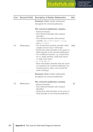 226 Appendix B Test Cases for Math-based Plagiarism Detection
Case Research Field Description of Similar Mathematics Ref.
C2 Mathematics
Summary: Highly similar mathematics
throughout the retracted publication.
The retracted publication contains:
- Identical formulae
- Near identical formulae with renamed
identifiers
- Near identical formulae with inserted
variables, e.g., 𝑎𝑎 + 𝑏𝑏 = 𝑐𝑐 vs. 𝑏𝑏 = 𝑥𝑥 + 𝑦𝑦
and 𝑎𝑎 + 𝑥𝑥 + 𝑦𝑦 = 𝑐𝑐
- Use of equivalent notation, partially rather
complex and not easy to determine
- Switch from inline formulae in the source to
block formulae in the retracted publication
- Use of different brackets, e.g., round brack-
ets vs. square brackets, small curly braces
vs. large curly braces
- (… )−4
vs. 1/(… )4
- Some intermediate formulae from the source
are missing in the retracted publication (in-
teresting pattern: often, every second for-
mula is missing.)
[404]
C3 Mathematics
Summary: Highly similar mathematics
throughout the retracted publication.
The retracted publication contains:
- Identical formulae
- Near identical formulae with renamed
identifiers
- Switch from inline formulae in the source to
block formulae in the retracted publication
[1]
 