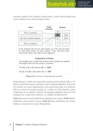 26 Chapter 2 Academic Plagiarism Detection
commonly applied for the candidate retrieval stage, in which achieving high recall
is more important than achieving high precision.
Figure 2.5. Concept of fingerprinting methods.
Fingerprinting is a widely-used approach for assessing lexical similarity [204, p. 71].
Recent research has focused on methods to detect disguised plagiarism. Such meth-
ods typically use 𝑛𝑛-gram fingerprinting in the preprocessing stage as in Alzahrani
[24] or as a feature for machine learning, e.g., in Agirre et al. [8]. Character 𝑛𝑛-gram
comparisons can be applied to perform cross-language plagiarism detection if the
languages have a high lexical similarity, e.g., English and Spanish [411].
Table 2.4 presents research publications employing word 𝑛𝑛-grams, Table 2.5 lists
publications using character 𝑛𝑛-grams, Table 2.6 shows publications that employ
hashing or compression for 𝑛𝑛-gram fingerprinting.
Oh, this is another sentence.
This is a sentence.
This is a sentence.
Hash
Function
00
01
02
...
...
...
4218
2427
...
...
Buckets
Computation of Hashes
If two sentences fall into the same bucket, as is the case for bucket
01, they likely contain the same content. If two documents share
several hash values, they might contain plagiarism.
Input
The example uses a simple hash function that calculates and appends
the lengths of the first four words in a sentence:
This (4) is (2) a (1) sentence (8) => 4218
Oh (2), this (4) is (2) another (7) => 2427
 