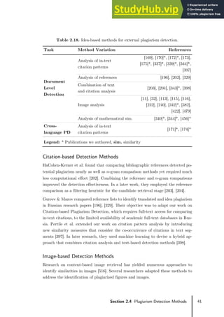 41
Section 2.4 Plagiarism Detection Methods
Table 2.18. Idea-based methods for external plagiarism detection.
Task Method Variation References
Document
Level
Detection
Analysis of in-text
citation patterns
[169], [170]*, [172]*, [173],
[175]*, [337]*, [339]*, [344]*,
[397]
Analysis of references [196], [202], [329]
Combination of text
and citation analysis
[203], [204], [343]*, [398]
Image analysis
[11], [32], [113], [115], [116],
[232], [240], [342]*, [382],
[422], [479]
Analysis of mathematical sim. [340]*, [344]*, [456]*
Cross-
language PD
Analysis of in-text
citation patterns
[171]*, [174]*
Legend: * Publications we authored, sim. similarity
Citation-based Detection Methods
HaCohen-Kerner et al. found that comparing bibliographic references detected po-
tential plagiarism nearly as well as 𝑛𝑛-gram comparison methods yet required much
less computational effort [202]. Combining the reference and 𝑛𝑛-gram comparisons
improved the detection effectiveness. In a later work, they employed the reference
comparison as a filtering heuristic for the candidate retrieval stage [203], [204].
Gureev & Mazov compared reference lists to identify translated and idea plagiarism
in Russian research papers [196], [329]. Their objective was to adapt our work on
Citation-based Plagiarism Detection, which requires full-text access for comparing
in-text citations, to the limited availability of academic full-text databases in Rus-
sia. Pertile et al. extended our work on citation pattern analysis by introducing
new similarity measures that consider the co-occurrence of citations in text seg-
ments [397]. In later research, they used machine learning to devise a hybrid ap-
proach that combines citation analysis and text-based detection methods [398].
Image-based Detection Methods
Research on content-based image retrieval has yielded numerous approaches to
identify similarities in images [516]. Several researchers adapted these methods to
address the identification of plagiarized figures and images.
 