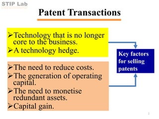 STIP Lab
SCI-TECH INNOVATION POLICY LAB
Patent Transactions
Technology that is no longer
core to the business.
A technology hedge.
The need to reduce costs.
The generation of operating
capital.
The need to monetise
redundant assets.
Capital gain.
2
Key factors
for selling
patents
 
