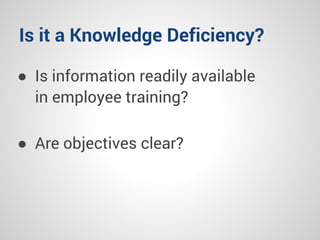 Is it a Knowledge Deficiency?
● Is information readily available
in employee training?
● Are objectives clear?
 