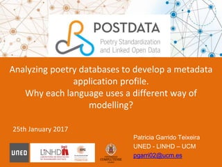 Patricia Garrido Teixeira
UNED - LINHD – UCM
pgarri02@ucm.es
25th January 2017
Analyzing poetry databases to develop a metadata
application profile.
Why each language uses a different way of
modelling?
 