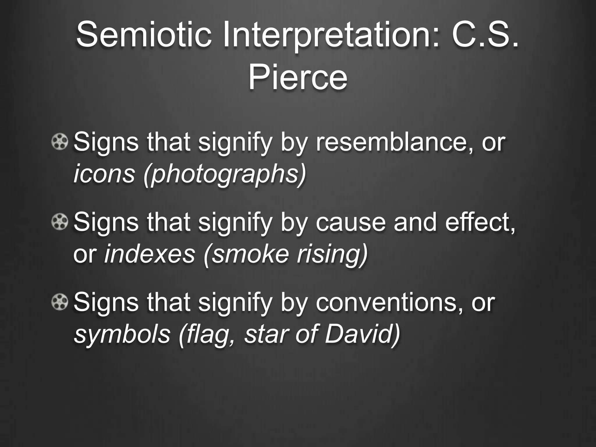 Semiotic Interpretation: C.S.
           Pierce
Signs that signify by resemblance, or
icons (photographs)
Signs that signify by cause and effect,
or indexes (smoke rising)
Signs that signify by conventions, or
symbols (flag, star of David)
 