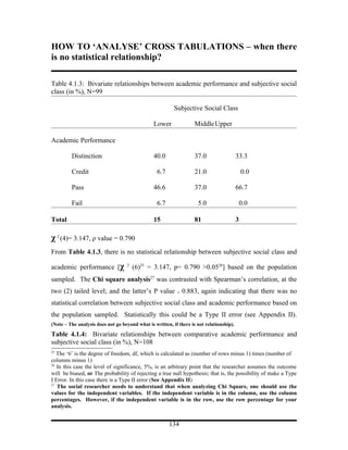 HOW TO ‘ANALYSE’ CROSS TABULATIONS – when there
is no statistical relationship?

Table 4.1.3: Bivariate relationships between academic performance and subjective social
class (in %), N=99

                                                          Subjective Social Class

                                                Lower               Middle Upper

Academic Performance

         Distinction                            40.0                37.0                  33.3

         Credit                                   6.7               21.0                      0.0

         Pass                                   46.6                37.0                  66.7

         Fail                                     6.7                5.0                   0.0

Total                                           15                  81                    3

χ 2 (4)= 3.147, ρ value = 0.790
From Table 4.1.3, there is no statistical relationship between subjective social class and

academic performance [χ             2
                                        (6)25 = 3.147, p= 0.790 >0.0526] based on the population
sampled. The Chi square analysis27 was contrasted with Spearman’s correlation, at the
two (2) tailed level; and the latter’s Ρ value             =   0.883, again indicating that there was no
statistical correlation between subjective social class and academic performance based on
the population sampled. Statistically this could be a Type II error (see Appendix II).
(Note – The analysis does not go beyond what is written, if there is not relationship).

Table 4.1.4: Bivariate relationships between comparative academic performance and
subjective social class (in %), N=108
25
   The ‘6’ is the degree of freedom, df, which is calculated as (number of rows minus 1) times (number of
columns minus 1)
26
   In this case the level of significance, 5%, is an arbitrary point that the researcher assumes the outcome
will be biased, or The probability of rejecting a true null hypothesis; that is, the possibility of make a Type
I Error. In this case there is a Type II error (See Appendix II)
27
   The social researcher needs to understand that when analyzing Chi Square, one should use the
values for the independent variables. If the independent variable is in the column, use the column
percentages. However, if the independent variable is in the row, use the row percentage for your
analysis.


                                                        134
 