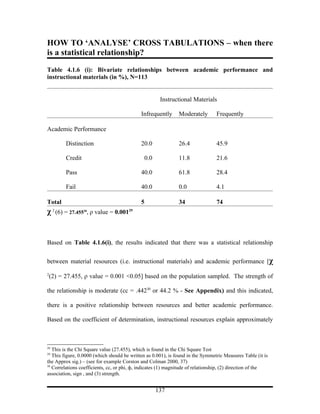 HOW TO ‘ANALYSE’ CROSS TABULATIONS – when there
is a statistical relationship?
Table 4.1.6 (i): Bivariate relationships between academic performance and
instructional materials (in %), N=113


                                                      Instructional Materials

                                             Infrequently      Moderately        Frequently

Academic Performance

         Distinction                         20.0              26.4              45.9

         Credit                               0.0              11.8              21.6

         Pass                                40.0              61.8              28.4

         Fail                                40.0              0.0               4.1

Total                                        5                 34                74
χ 2 (6) = 27.455  28
                    , ρ value = 0.00129



Based on Table 4.1.6(i), the results indicated that there was a statistical relationship


between material resources (i.e. instructional materials) and academic performance [χ
2
 (2) = 27.455, ρ value = 0.001 <0.05] based on the population sampled. The strength of

the relationship is moderate (cc = .44230 or 44.2 % - See Appendix) and this indicated,

there is a positive relationship between resources and better academic performance.

Based on the coefficient of determination, instructional resources explain approximately



28
   This is the Chi Square value (27.455), which is found in the Chi Square Test
29
   This figure, 0.0000 (which should be written as 0.001), is found in the Symmetric Measures Table (it is
the Approx sig.) – (see for example Corston and Colman 2000, 37)
30
   Correlations coefficients, cc, or phi, ф, indicates (1) magnitude of relationship, (2) direction of the
association, sign , and (3) strength.


                                                    137
 