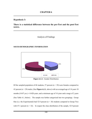 CHAPTER 6


Hypothesis 3:

There is a statistical difference between the pre-Test and the post-Test
scores.



                                Analysis of Findings



SOCIO-DEMOGRAPHIC INFORMATION




                                                              43%



            57%




                                          male       female


                           Figure 6.1.1: Gender Distribution


Of the sampled population of 68 students, 57 percent (n = 39) were females compared to

43 percent (n = 29) males; (See Figure 6.1.1, above) with an averaged age of 14 years 10

months (14.87 yrs.) ± 0.420 years, and a minimum age of 14 years and a range of 2 years

(See Table 4.1, below). The sample was further categorized into two groupings. Group

One (i.e. the Experimental) had 52.9 percent (n = 36) students compared to Group Two

with 47.1 percent (n = 32). In respect the class distribution of the sample, 52.9 percent


                                          168
 