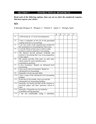 SECTION 7                  INSTRUCTIONAL RESOURCES

Read each of the following options, then you are to select the numbered response
that best express your choice.

KEY

1- Strongly Disagree; 2 – Disagree; 3 – Neutral; 4 – Agree; 5 – Strongly Agree


                                                             1   2   3   4   5
7.1    I will not buy an A’ Level Accounting text

7.2    I have a minimum of two (2) of the prescribed
       reading materials in Accountings
7.3    I am very aware of the required texts needed for
       the examination in Accounting but I have none
7.4    I visit the library at least once a week in order
       to borrow resource materials in Accounting
7.5    The libraries provide pertinent textbooks and
       journal in Accounting that I use in my preparation
       of the subject
7.6    My teacher provides little notes on each topic
       which cannot be used to problem-solve
       examinations questions
7.7    I have Examiners’ Reports on Advanced level
       Accounting
7.8    I have never read an Examiners’ Report on
       Advanced Level Accounting
7.9    Generally, I revise my notes daily
7.10   I have a copy of the Advanced Level Accounting
       syllabus
7.11   In the last six (6) months, I have not read the
       Advanced Level Accounting Syllabus
7.12   Generally, my teacher provides all the solutions to
       practiced papers and other questions solved in
       class
7.13   Generally, I frequently use my textbooks
       in problem-solving questions
7.14   I am not comfortable using a calculator
 