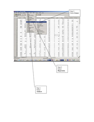 Step 3:
                       Select Linear




          Step 2:
          Select
          Regression




Step 1:
Select
Analyze
 