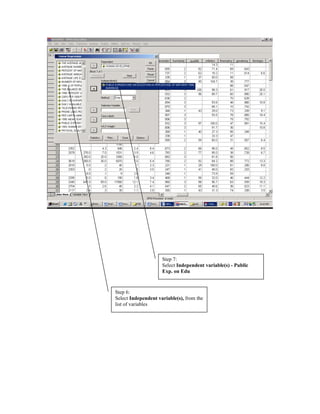 Step 7:
                     Select Independent variable(s) - Public
                     Exp. on Edu



Step 6:
Select Independent variable(s), from the
list of variables
 