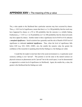 APPENDIX XXIV – The meaning of the ρ value




The ρ value speaks to the likelihood that a particular outcome may have occurred by chance.
Thus, ρ = 0.01 level of significance, means that there is a 1 in 100 probability that the result may
have happened by chance or a 99 in 100 probability that the outcome is a reliable finding.
Furthermore, ρ = 0.05 is a 1 in 20 probability (or 5 in 100) probability that the observed results
may have appear by chance. Another matter is that a significance level of 0.05 to 0.10, indicates
a marginal significance. Social scientists have generally used the rule of thumb of 0.05 level of
significance to indicated statistical significance. Thus, when the level of significance falls
below 0.05 (e.g. 0.01, 0.001, 0.0001, etc), the smaller the numeric value the greater the
confidence of the researcher in speaking about his/her findings (i.e. the findings are valid).


        I would like for reader to note here that in the social environment (i.e. in particular social
sciences), nothing is ever “proved”. This position is not the same in the natural sciences (or
physical sciences) as phenomena can be “proved” but in the social space, it can be demonstrated
or supported at a certain level of significance (or likelihood). Again, the smaller the ρ value, the
greater is the likelihood that the findings are valid.




                                                  484
 