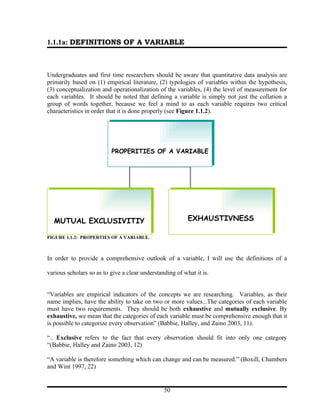 1.1.1a: DEFINITIONS OF A VARIABLE



Undergraduates and first time researchers should be aware that quantitative data analysis are
primarily based on (1) empirical literature, (2) typologies of variables within the hypothesis,
(3) conceptualization and operationalization of the variables, (4) the level of measurement for
each variables. It should be noted that defining a variable is simply not just the collation a
group of words together, because we feel a mind to as each variable requires two critical
characteristics in order that it is done properly (see Figure 1.1.2).




                          PROPERITIES OF A VARIABLE




  MUTUAL EXCLUSIVITIY                                     EXHAUSTIVNESS

FIGURE 1.1.2: PROPERTIES OF A VARIABLE.



In order to provide a comprehensive outlook of a variable, I will use the definitions of a

various scholars so as to give a clear understanding of what it is.


“Variables are empirical indicators of the concepts we are researching. Variables, as their
name implies, have the ability to take on two or more values...The categories of each variable
must have two requirements. They should be both exhaustive and mutually exclusive. By
exhaustive, we mean that the categories of each variable must be comprehensive enough that it
is possible to categorize every observation” (Babbie, Halley, and Zaino 2003, 11).

“.. Exclusive refers to the fact that every observation should fit into only one category
“(Babbie, Halley and Zaino 2003, 12)

“A variable is therefore something which can change and can be measured.” (Boxill, Chambers
and Wint 1997, 22)


                                                50
 