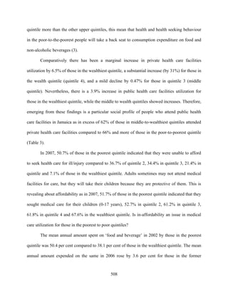 quintile more than the other upper quintiles, this mean that health and health seeking behaviour

in the poor-to-the-poorest people will take a back seat to consumption expenditure on food and

non-alcoholic beverages (3).

       Comparatively there has been a marginal increase in private health care facilities

utilization by 6.5% of those in the wealthiest quintile, a substantial increase (by 31%) for those in

the wealth quintile (quintile 4), and a mild decline by 0.47% for those in quintile 3 (middle

quintile). Nevertheless, there is a 3.9% increase in public health care facilities utilization for

those in the wealthiest quintile, while the middle to wealth quintiles showed increases. Therefore,

emerging from these findings is a particular social profile of people who attend public health

care facilities in Jamaica as in excess of 62% of those in middle-to-wealthiest quintiles attended

private health care facilities compared to 66% and more of those in the poor-to-poorest quintile

(Table 3).

       In 2007, 50.7% of those in the poorest quintile indicated that they were unable to afford

to seek health care for ill/injury compared to 36.7% of quintile 2, 34.4% in quintile 3, 21.4% in

quintile and 7.1% of those in the wealthiest quintile. Adults sometimes may not attend medical

facilities for care, but they will take their children because they are protective of them. This is

revealing about affordability as in 2007, 51.7% of those in the poorest quintile indicated that they

sought medical care for their children (0-17 years), 52.7% in quintile 2, 61.2% in quintile 3,

61.8% in quintile 4 and 67.6% in the wealthiest quintile. Is in-affordability an issue in medical

care utilization for those in the poorest to poor quintiles?

       The mean annual amount spent on ‘food and beverage’ in 2002 by those in the poorest

quintile was 50.4 per cent compared to 38.1 per cent of those in the wealthiest quintile. The mean

annual amount expended on the same in 2006 rose by 3.6 per cent for those in the former



                                                 508
 