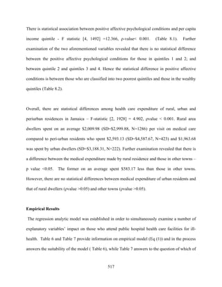 There is statistical association between positive affective psychological conditions and per capita

income quintile - F statistic [4, 1492] =12.366, ρ-value< 0.001.           (Table 8.1).    Further

examination of the two aforementioned variables revealed that there is no statistical difference

between the positive affective psychological conditions for those in quintiles 1 and 2; and

between quintile 2 and quintiles 3 and 4. Hence the statistical difference in positive affective

conditions is between those who are classified into two poorest quintiles and those in the wealthy

quintiles (Table 8.2).



Overall, there are statistical differences among health care expenditure of rural, urban and

periurban residences in Jamaica – F-statistic [2, 1928] = 4.902, ρvalue < 0.001. Rural area

dwellers spent on an average $2,009.98 (SD=$2,999.88, N=1286) per visit on medical care

compared to peri-urban residents who spent $2,593.13 (SD=$4,587.67, N=423) and $1,963.68

was spent by urban dwellers (SD=$3,188.31, N=222). Further examination revealed that there is

a difference between the medical expenditure made by rural residence and those in other towns –

p value <0.05.     The former on an average spent $583.17 less than those in other towns.

However, there are no statistical differences between medical expenditure of urban residents and

that of rural dwellers (ρvalue >0.05) and other towns (ρvalue >0.05).



Empirical Results

The regression analytic model was established in order to simultaneously examine a number of

explanatory variables’ impact on those who attend public hospital health care facilities for ill-

health. Table 6 and Table 7 provide information on empirical model (Eq (1)) and in the process

answers the suitability of the model ( Table 6), while Table 7 answers to the question of which of



                                               517
 