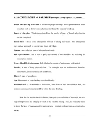 1.1.1b TYPOLOGIES of VARIABLE (examples, using Figure 1.1.2, above)


Health care seeking behaviour: is defined as people visiting a health practitioner or health

    consultant such as doctor, nurse, pharmacist or healer for care and/ or advice.

Levels of education: This is denominated into the number of years of formal schooling that

    one has completed.

Union status – It is a social arrangement between or among individuals. This arrangement

may include ‘conjugal’ or a social state for an individual.

Gender: A sociological state of being male or female.

Per capita income: This is used a proxy for income of the individual by analyzing the

    consumption pattern.

Ownership of Health insurance: Individuals who possess of an insurance polic/y (ies).

Injuries: A state of being physically hurt. The examples here are incidences of disability,

    impairments, chronic or acute cuts and bruises.

Illness: A state of unwellness.

Age: The number of years lived up to the last birthday.

Household size - The numbers of individuals, who share at least one common meal, use

common sanitary convenience and live within the same dwelling.



           Now that the premise has been formed, in regard to the definition of a variable, the next

step in the process is the category in which all the variables belong. Thus, the researcher needs

to know the level of measurement for each variable - nominal; ordinal; interval, or ration (see

1.1.2a).


                                                  52
 