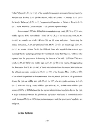 “other.”) Some 81.3% (n=1168) of the sampled respondents considered themselves to be

Africans (or Blacks), 3.8% (n=54) Indians, 0.5% (n=Asians – Chinese), 0.5% (n=7)

Syrians (or Lebanese), 0.2% (n=3) Europeans (or Caucasians or Britain or French), 0.1%

(n=1) North American Caucasians and 13.2% (n=190) reported mixed.

       Approximately 33% (n=468) of the respondents were youth, 62.3% (n=891) were

middle age and 5.0% were elderly. Some 28.7% (202) of the males are youth, 65.9%

(n=463) are middle age while 5.4% (n=38) are 60 years and older. Concerning the

female population, 36.6% (n=266) are youth, 58.9% (n=428) are middle age and 4.5%

(n=33) are senior citizens. 74.4% (n=1009) of those who supplied data on their ages

indicated that the current government favours the rich more than the poor. Of those who

reported that the government is fostering the interest of the rich, 33.3% (n=336) were

youth, 62.3% (n=629) were middle age and 4.4% (n=44) were elderly. Disaggregating

the data reveal that 50.4% (n=506) of those who indicated that the current policies favour

the affluent are males compared to 49.6% (n=498) of the females. Most (58.8%, n=293)

of the female respondents who reported that that the present policies of the government

favour the rich are middle age, with 37.6% (n=187) who are youth compared to 3.6%

(n=18) who are elderly. More middle- aged men (65.8%, n=333) than middle- aged

women (58.8%, n=293) believe that the current administration’s policies favour the rich.

A major difference between the genders and age cohort was found as substantially more

youth females (37.6%, n=187) than youth males perceived that government’s policies are

anti-poor.



       Voting Patterns


                                           549
 