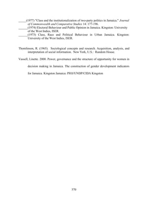 _____(1977) "Class and the institutionalization of two-party politics in Jamaica." Journal
      of Commonwealth and Comparative Studies 14: 177-196.
______(1974) Electoral Behaviour and Public Opinion in Jamaica. Kingston: University
      of the West Indies, ISER.
______(1973) Class, Race and Political Behaviour in Urban Jamaica. Kingston:
      University of the West Indies, ISER.


Thomlinson, R. (1965). Sociological concepts and research. Acquisition, analysis, and
      interpretation of social information. New York, U.S.: Random House.

Vassell, Linette. 2000. Power, governance and the structure of opportunity for women in

       decision making in Jamaica. The construction of gender development indicators

       for Jamaica. Kingston Jamaica: PIOJ/UNDP/CIDA Kingston




                                           570
 