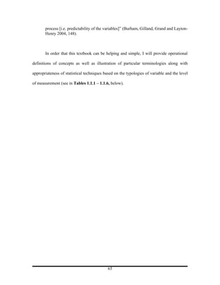 process [i.e. predictability of the variables]” (Burham, Gilland, Grand and Layton-
       Henry 2004, 148).



       In order that this textbook can be helping and simple, I will provide operational

definitions of concepts as well as illustration of particular terminologies along with

appropriateness of statistical techniques based on the typologies of variable and the level

of measurement (see in Tables 1.1.1 – 1.1.6, below).




                                            65
 