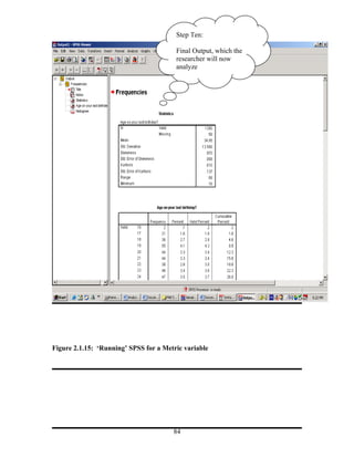 Step Ten:

                                        Final Output, which the
                                        researcher will now
                                        analyze




Figure 2.1.15: ‘Running’ SPSS for a Metric variable




                                       84
 