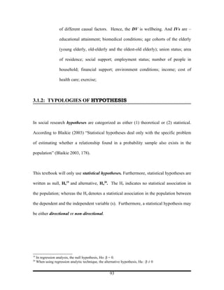 of different causal factors. Hence, the DV is wellbeing. And IVs are –

                    educational attainment; biomedical conditions; age cohorts of the elderly

                    (young elderly, old-elderly and the oldest-old elderly); union status; area

                    of residence; social support; employment status; number of people in

                    household; financial support; environment conditions; income; cost of

                    health care; exercise;



3.1.2: TYPOLOGIES OF HYPOTHESIS



In social research hypotheses are categorized as either (1) theoretical or (2) statistical.

According to Blaikie (2003) “Statistical hypotheses deal only with the specific problem

of estimating whether a relationship found in a probability sample also exists in the

population” (Blaikie 2003, 178).



This textbook will only use statistical hypotheses. Furthermore, statistical hypotheses are

written as null, Ho19 and alternative, Ha20. The Ho indicates no statistical association in

the population; whereas the Ha denotes a statistical association in the population between

the dependent and the independent variable (s). Furthermore, a statistical hypothesis may

be either directional or non-directional.




19
     In regression analysis, the null hypothesis, Ho: β = 0.
20
     When using regression analytic technique, the alternative hypothesis, Ha : β ≠ 0


                                                       93
 