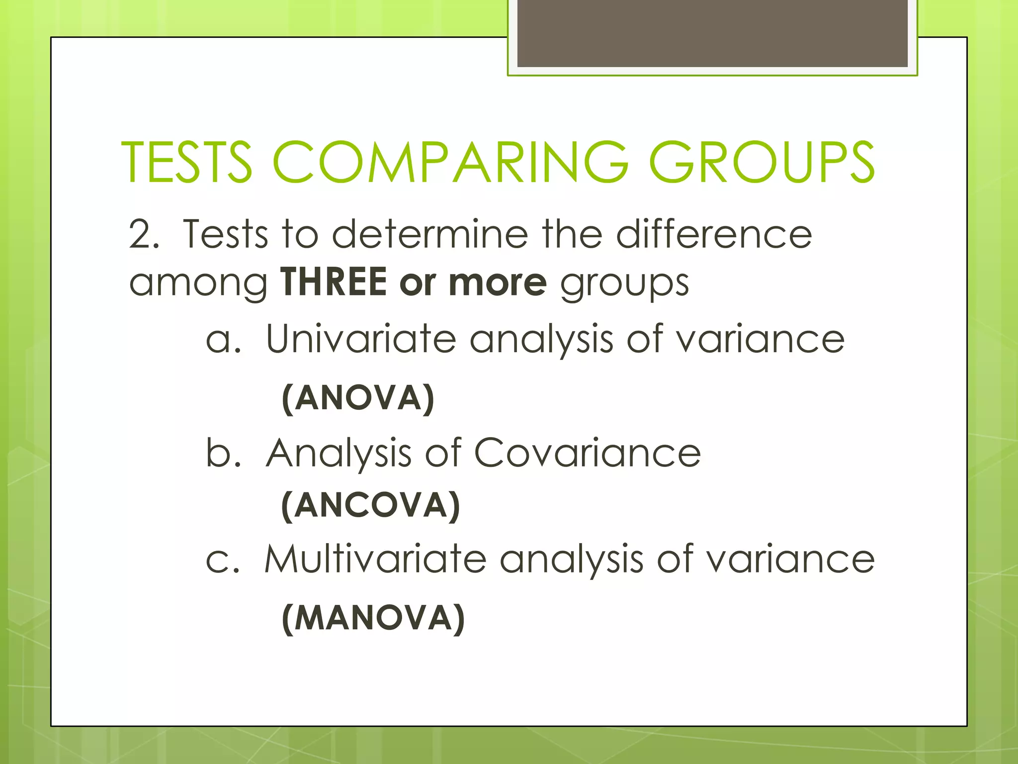 TESTS COMPARING GROUPS
2. Tests to determine the difference
among THREE or more groups
    a. Univariate analysis of variance
        (ANOVA)
    b. Analysis of Covariance
        (ANCOVA)
    c. Multivariate analysis of variance
        (MANOVA)
 