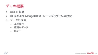 ®
© 2014 MapR Technologies 19
デモの概要
1.  Drill の起動
2.  DFS および MongoDB ストレージプラグインの設定
3.  データの探索
–  基本操作
–  複雑なデータ
–  ビュー
 