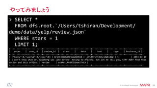 ®
© 2014 MapR Technologies 29
やってみましょう
>	
  SELECT	
  *	
  
	
  	
  FROM	
  dfs.root.`/Users/tshiran/Development/
demo/data/yelp/review.json`	
  
	
  	
  WHERE	
  stars	
  =	
  1	
  
	
  	
  LIMIT	
  1;	
  
+-­‐-­‐-­‐-­‐-­‐-­‐-­‐-­‐-­‐-­‐-­‐-­‐+-­‐-­‐-­‐-­‐-­‐-­‐-­‐-­‐-­‐-­‐-­‐-­‐+-­‐-­‐-­‐-­‐-­‐-­‐-­‐-­‐-­‐-­‐-­‐-­‐+-­‐-­‐-­‐-­‐-­‐-­‐-­‐-­‐-­‐-­‐-­‐-­‐+-­‐-­‐-­‐-­‐-­‐-­‐-­‐-­‐-­‐-­‐-­‐-­‐+-­‐-­‐-­‐-­‐-­‐-­‐-­‐-­‐-­‐-­‐-­‐-­‐+-­‐-­‐-­‐-­‐-­‐-­‐-­‐-­‐-­‐-­‐-­‐-­‐+-­‐-­‐-­‐-­‐-­‐-­‐-­‐-­‐-­‐-­‐-­‐-­‐-­‐+	
  
|	
  	
  	
  votes	
  	
  	
  	
  |	
  	
  user_id	
  	
  	
  |	
  review_id	
  	
  |	
  	
  	
  stars	
  	
  	
  	
  |	
  	
  	
  	
  date	
  	
  	
  	
  |	
  	
  	
  	
  text	
  	
  	
  	
  |	
  	
  	
  	
  type	
  	
  	
  	
  |	
  business_id	
  |	
  
+-­‐-­‐-­‐-­‐-­‐-­‐-­‐-­‐-­‐-­‐-­‐-­‐+-­‐-­‐-­‐-­‐-­‐-­‐-­‐-­‐-­‐-­‐-­‐-­‐+-­‐-­‐-­‐-­‐-­‐-­‐-­‐-­‐-­‐-­‐-­‐-­‐+-­‐-­‐-­‐-­‐-­‐-­‐-­‐-­‐-­‐-­‐-­‐-­‐+-­‐-­‐-­‐-­‐-­‐-­‐-­‐-­‐-­‐-­‐-­‐-­‐+-­‐-­‐-­‐-­‐-­‐-­‐-­‐-­‐-­‐-­‐-­‐-­‐+-­‐-­‐-­‐-­‐-­‐-­‐-­‐-­‐-­‐-­‐-­‐-­‐+-­‐-­‐-­‐-­‐-­‐-­‐-­‐-­‐-­‐-­‐-­‐-­‐-­‐+	
  
|	
  {"funny":0,"useful":0,"cool":0}	
  |	
  Qrs3EICADUKNFoUq2iHStA	
  |	
  _ePLBPrkrf4bhyiKWEn4Qg	
  |	
  1	
  	
  	
  	
  	
  	
  	
  	
  	
  	
  |	
  2013-­‐04-­‐19	
  
|	
  I	
  don't	
  know	
  what	
  Dr.	
  Goldberg	
  was	
  like	
  before	
  	
  moving	
  to	
  Arizona,	
  but	
  let	
  me	
  tell	
  you,	
  STAY	
  AWAY	
  from	
  this	
  
doctor	
  and	
  this	
  office.	
  |	
  review	
  	
  	
  	
  	
  |	
  vcNAWiLM4dR7D2nwwJ7nCA	
  |	
  
+-­‐-­‐-­‐-­‐-­‐-­‐-­‐-­‐-­‐-­‐-­‐-­‐+-­‐-­‐-­‐-­‐-­‐-­‐-­‐-­‐-­‐-­‐-­‐-­‐+-­‐-­‐-­‐-­‐-­‐-­‐-­‐-­‐-­‐-­‐-­‐-­‐+-­‐-­‐-­‐-­‐-­‐-­‐-­‐-­‐-­‐-­‐-­‐-­‐+-­‐-­‐-­‐-­‐-­‐-­‐-­‐-­‐-­‐-­‐-­‐-­‐+-­‐-­‐-­‐-­‐-­‐-­‐-­‐-­‐-­‐-­‐-­‐-­‐+-­‐-­‐-­‐-­‐-­‐-­‐-­‐-­‐-­‐-­‐-­‐-­‐+-­‐-­‐-­‐-­‐-­‐-­‐-­‐-­‐-­‐-­‐-­‐-­‐-­‐+	
  
 