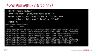 ®
© 2014 MapR Technologies 36
今どの店舗が開いてる（22:00）?
>	
  SELECT	
  name,	
  b.hours	
  
	
  	
  FROM	
  dfs.demo.`yelp/business.json`	
  b	
  
	
  	
  WHERE	
  b.hours.Saturday.`open`	
  <	
  '22:00'	
  AND	
  
	
  	
  	
  	
  	
  	
  	
  	
  b.hours.Saturday.`close`	
  >	
  '22:00'	
  
	
  	
  LIMIT	
  2;	
  
+-­‐-­‐-­‐-­‐-­‐-­‐-­‐-­‐-­‐-­‐-­‐-­‐+-­‐-­‐-­‐-­‐-­‐-­‐-­‐-­‐-­‐-­‐-­‐-­‐+	
  
|	
  	
  	
  	
  name	
  	
  	
  	
  |	
  	
  	
  hours	
  	
  	
  	
  |	
  
+-­‐-­‐-­‐-­‐-­‐-­‐-­‐-­‐-­‐-­‐-­‐-­‐+-­‐-­‐-­‐-­‐-­‐-­‐-­‐-­‐-­‐-­‐-­‐-­‐+	
  
|	
  Chang	
  Jiang	
  Chinese	
  Kitchen	
  |	
  {"Tuesday":{"close":"22:00","open":"11:00"},"Friday":
{"close":"22:30","open":"11:00"},"Monday":{"close":"22:00","open":"11:00"},"Wednesday":
{"close":"22:00","open":"11:00"},"Thursday":{"close":"22:00","open":"11:00"},"Sunday":
{"close":"21:00","open":"16:00"},"Saturday":{"close":"22:30","open":"11:00"}}	
  |	
  
|	
  Grand	
  China	
  Restaurant	
  |	
  {"Tuesday":{"close":"22:00","open":"11:00"},"Friday":
{"close":"23:00","open":"11:00"},"Monday":{"close":"22:00","open":"11:00"},"Wednesday":
{"close":"22:00","open":"11:00"},"Thursday":{"close":"22:00","open":"11:00"},"Sunday":
{"close":"22:00","open":"12:00"},"Saturday":{"close":"23:00","open":"11:00"}}	
  |	
  
+-­‐-­‐-­‐-­‐-­‐-­‐-­‐-­‐-­‐-­‐-­‐-­‐+-­‐-­‐-­‐-­‐-­‐-­‐-­‐-­‐-­‐-­‐-­‐-­‐+	
  
 