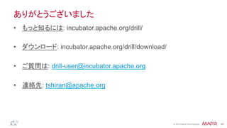 ®
© 2014 MapR Technologies 46
ありがとうございました
•  もっと知るには: incubator.apache.org/drill/
•  ダウンロード: incubator.apache.org/drill/download/
•  ご質問は: drill-user@incubator.apache.org
•  連絡先: tshiran@apache.org
 
