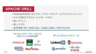 ®
© 2014 MapR Technologies 7
• Hadoop/NoSQL 向けスキーマフリーのスケールアウトクエリエンジン
• クエリを実行するだけ vs スキーマ中心
• 低レイテンシ
• 使いやすさ
• 業界標準 API: ANSI SQL、ODBC/JDBC、RESTful API
40 以上のコントリビュータ
150 年以上のデータベースおよび 
分散システムの開発経験	
APACHE DRILL
 