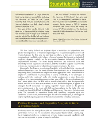 CHAPTER 5 ANALYZING RESOURCES AND CAPABILITIES 139
The less clearly defined are property rights in resources and capabilities, the
greater the importance of relative bargaining power in determining the division of
returns between the firm and its individual members. In the case of team-based
organizational capabilities, this balance of power between the firm and an individual
employee depends crucially on the relationship between individuals’ skills and
organizational routines. The more deeply embedded are individual skills and
knowledge within organizational routines, and the more they depend on corporate
systems and reputation, the weaker the employee is relative to the firm.
Conversely, the closer an organizational capability is identified with the expertise of
individual employees, and the more effective those employees are at deploying their
bargaining power, the better able employees are to appropriate rents. If the individual
employee’s contribution to productivity is clearly identifiable, if the employee is
mobile, and if the employee’s skills offer similar productivity to other firms, the
employee is in a strong position to appropriate most of his or her contribution to the
firm’s value added. Does the $29 million annual salary paid to Alex Rodriguez fully
exploit his value to the New York Yankees? In most professional sports, it appears that
strategies based exclusively on signing superstar players result in the players
appropriating most of the rents, with little surplus available for the clubs—this was
certainly the fate of Real Madrid, Chelsea, and Manchester City soccer clubs in recent
years. The emphasis by investment banks and consulting companies upon the
capabilities of their teams, rather than upon the role of star employees, is a strategy for
improving the bargaining power of the firm relative to that of its key employees.
Putting Resource and Capability Analysis to Work:
A Practical Guide
We have covered the principal concepts and frameworks for analyzing resources and
capabilities. How do we put this analysis into practice? Let me offer a simple, step-
by-step approach to how a company can appraise its resources and capabilities and
then use the appraisal to guide strategy formulation.
Ford had established Gucci as a style leader and
hired young designers such as Stella McCartney
and Alexander McQueen. De Sole’s astute
leadership had instituted careful planning and
financial discipline, and built Gucci’s global
presence—especially in Asia.
How great a blow was De Sole and Ford’s
departure to the parent PPR? In principle, a new
CEO and new head of design could be hired. In
practice, talent of the ilk of De Sole and Ford was
rare—especially a combination of designer and CEO
who could collaborate around a shared vision.
The stock market’s reaction was ominous.
On November 3, 2003, Gucci’s share price was
$86.10; on November 6 it had fallen to $84.60.
However, in the absence of PPR’s guarantee to
acquire Gucci’s shares at $85.52, analysts
estimated that Gucci would be trading at
around $74. The implication was that Gucci was
worth $1.2 billion less without De Sole and Ford
than with them.
Source: Adapted from articles in the Financial Times during
November 5–8, 2003.
 