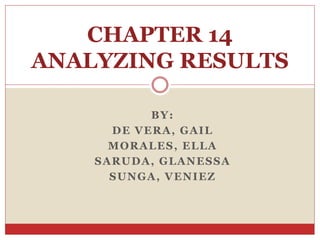 BY:
DE VERA, GAIL
MORALES, ELLA
SARUDA, GLANESSA
SUNGA, VENIEZ
CHAPTER 14
ANALYZING RESULTS
 
