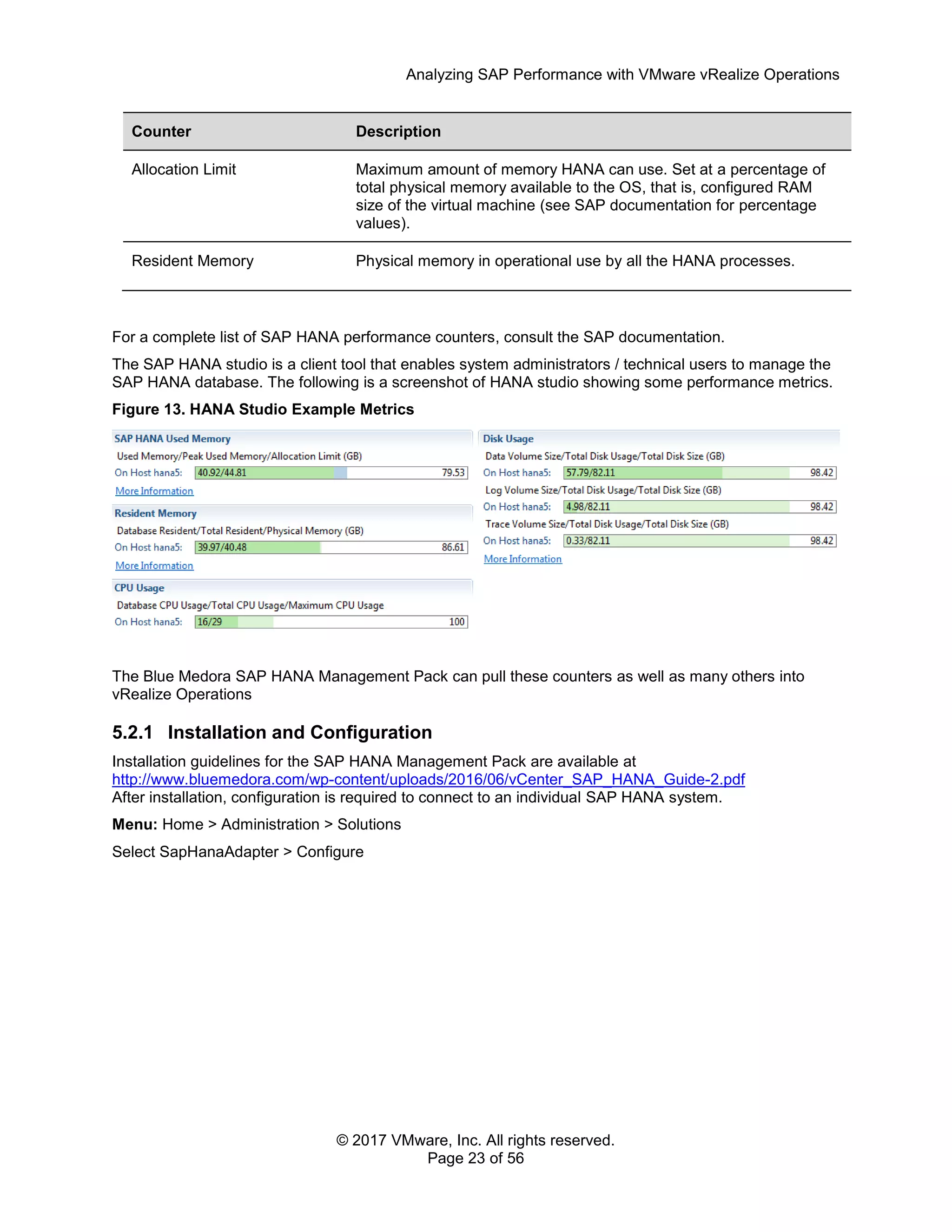 Analyzing SAP Performance with VMware vRealize Operations
© 2017 VMware, Inc. All rights reserved.
Page 23 of 56
Counter Description
Allocation Limit Maximum amount of memory HANA can use. Set at a percentage of
total physical memory available to the OS, that is, configured RAM
size of the virtual machine (see SAP documentation for percentage
values).
Resident Memory Physical memory in operational use by all the HANA processes.
For a complete list of SAP HANA performance counters, consult the SAP documentation.
The SAP HANA studio is a client tool that enables system administrators / technical users to manage the
SAP HANA database. The following is a screenshot of HANA studio showing some performance metrics.
Figure 13. HANA Studio Example Metrics
The Blue Medora SAP HANA Management Pack can pull these counters as well as many others into
vRealize Operations
5.2.1 Installation and Configuration
Installation guidelines for the SAP HANA Management Pack are available at
http://www.bluemedora.com/wp-content/uploads/2016/06/vCenter_SAP_HANA_Guide-2.pdf
After installation, configuration is required to connect to an individual SAP HANA system.
Menu: Home > Administration > Solutions
Select SapHanaAdapter > Configure
 