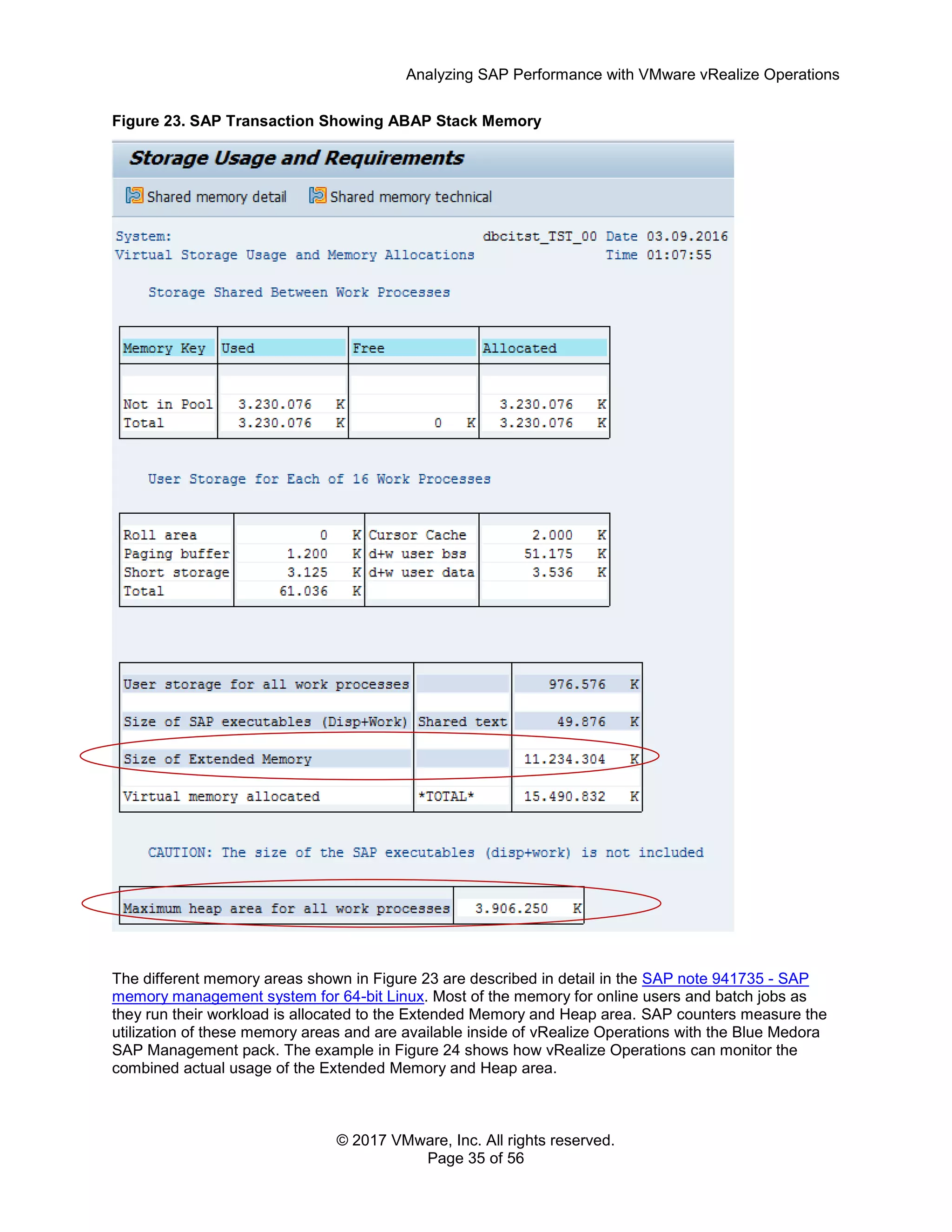 Analyzing SAP Performance with VMware vRealize Operations
© 2017 VMware, Inc. All rights reserved.
Page 35 of 56
Figure 23. SAP Transaction Showing ABAP Stack Memory
The different memory areas shown in Figure 23 are described in detail in the SAP note 941735 - SAP
memory management system for 64-bit Linux. Most of the memory for online users and batch jobs as
they run their workload is allocated to the Extended Memory and Heap area. SAP counters measure the
utilization of these memory areas and are available inside of vRealize Operations with the Blue Medora
SAP Management pack. The example in Figure 24 shows how vRealize Operations can monitor the
combined actual usage of the Extended Memory and Heap area.
 