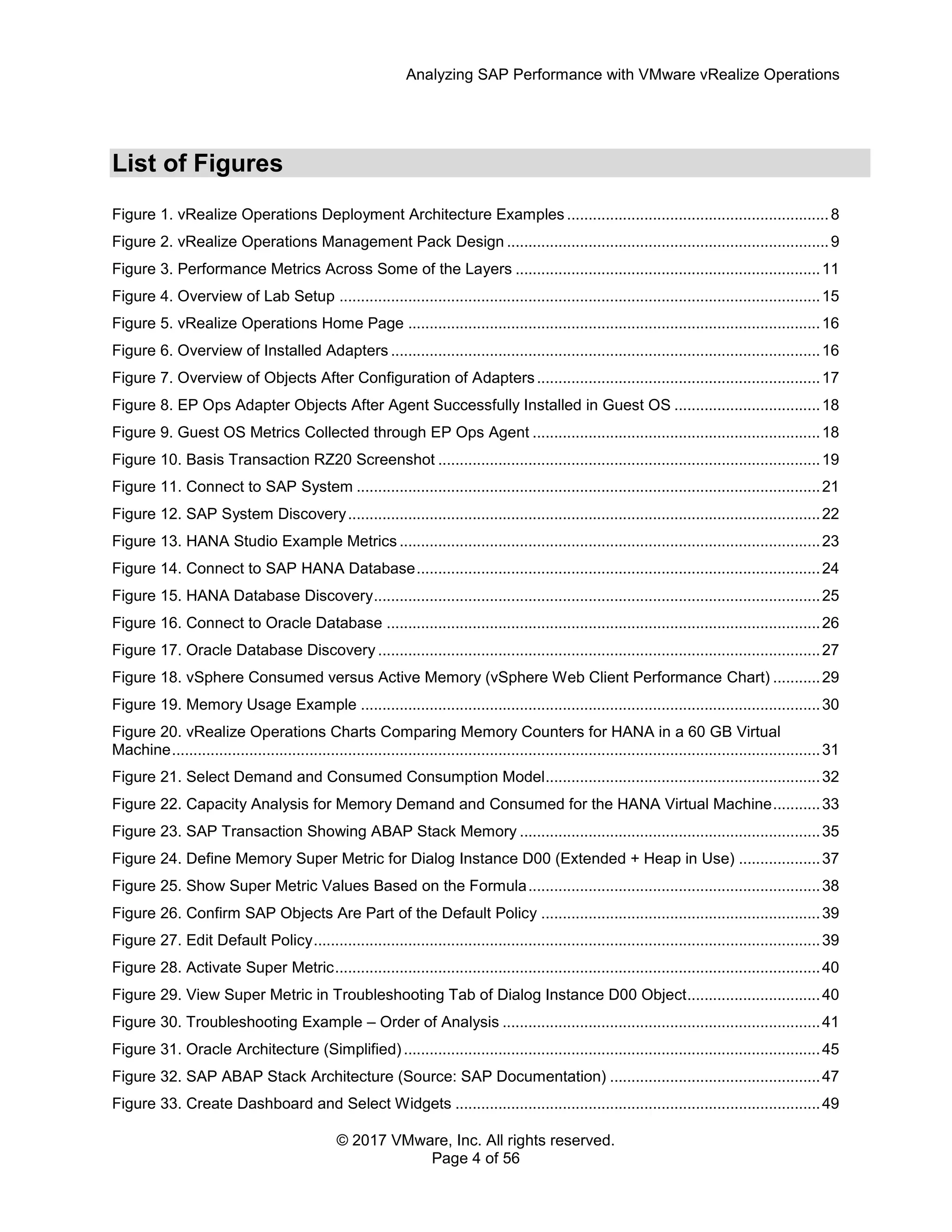 Analyzing SAP Performance with VMware vRealize Operations
© 2017 VMware, Inc. All rights reserved.
Page 4 of 56
List of Figures
Figure 1. vRealize Operations Deployment Architecture Examples .............................................................8
Figure 2. vRealize Operations Management Pack Design ...........................................................................9
Figure 3. Performance Metrics Across Some of the Layers .......................................................................11
Figure 4. Overview of Lab Setup ................................................................................................................15
Figure 5. vRealize Operations Home Page ................................................................................................16
Figure 6. Overview of Installed Adapters ....................................................................................................16
Figure 7. Overview of Objects After Configuration of Adapters..................................................................17
Figure 8. EP Ops Adapter Objects After Agent Successfully Installed in Guest OS ..................................18
Figure 9. Guest OS Metrics Collected through EP Ops Agent ...................................................................18
Figure 10. Basis Transaction RZ20 Screenshot .........................................................................................19
Figure 11. Connect to SAP System ............................................................................................................21
Figure 12. SAP System Discovery..............................................................................................................22
Figure 13. HANA Studio Example Metrics ..................................................................................................23
Figure 14. Connect to SAP HANA Database..............................................................................................24
Figure 15. HANA Database Discovery........................................................................................................25
Figure 16. Connect to Oracle Database .....................................................................................................26
Figure 17. Oracle Database Discovery .......................................................................................................27
Figure 18. vSphere Consumed versus Active Memory (vSphere Web Client Performance Chart) ...........29
Figure 19. Memory Usage Example ...........................................................................................................30
Figure 20. vRealize Operations Charts Comparing Memory Counters for HANA in a 60 GB Virtual
Machine.......................................................................................................................................................31
Figure 21. Select Demand and Consumed Consumption Model................................................................32
Figure 22. Capacity Analysis for Memory Demand and Consumed for the HANA Virtual Machine...........33
Figure 23. SAP Transaction Showing ABAP Stack Memory ......................................................................35
Figure 24. Define Memory Super Metric for Dialog Instance D00 (Extended + Heap in Use) ...................37
Figure 25. Show Super Metric Values Based on the Formula....................................................................38
Figure 26. Confirm SAP Objects Are Part of the Default Policy .................................................................39
Figure 27. Edit Default Policy......................................................................................................................39
Figure 28. Activate Super Metric.................................................................................................................40
Figure 29. View Super Metric in Troubleshooting Tab of Dialog Instance D00 Object...............................40
Figure 30. Troubleshooting Example – Order of Analysis ..........................................................................41
Figure 31. Oracle Architecture (Simplified).................................................................................................45
Figure 32. SAP ABAP Stack Architecture (Source: SAP Documentation) .................................................47
Figure 33. Create Dashboard and Select Widgets .....................................................................................49
 