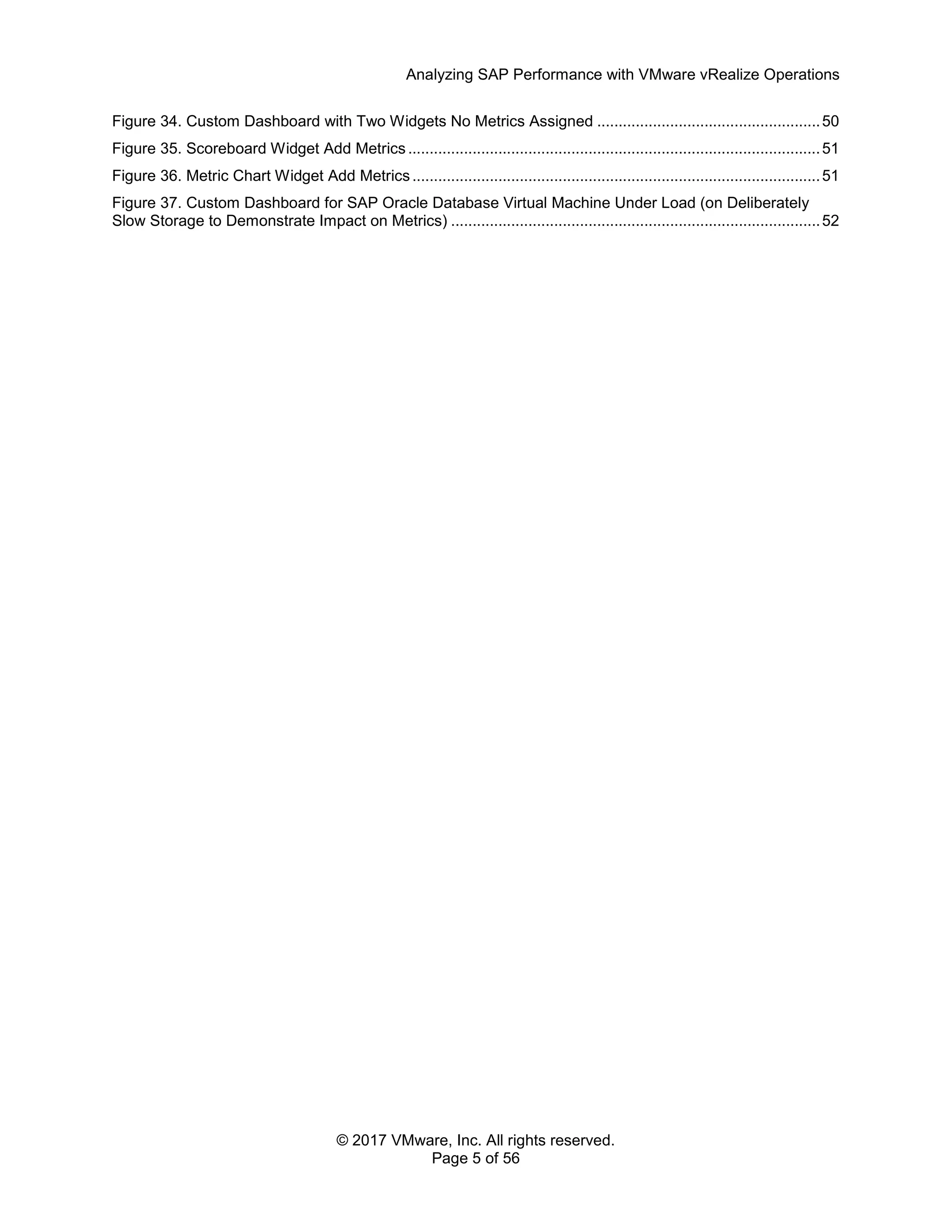 Analyzing SAP Performance with VMware vRealize Operations
© 2017 VMware, Inc. All rights reserved.
Page 5 of 56
Figure 34. Custom Dashboard with Two Widgets No Metrics Assigned ....................................................50
Figure 35. Scoreboard Widget Add Metrics................................................................................................51
Figure 36. Metric Chart Widget Add Metrics...............................................................................................51
Figure 37. Custom Dashboard for SAP Oracle Database Virtual Machine Under Load (on Deliberately
Slow Storage to Demonstrate Impact on Metrics) ......................................................................................52
 