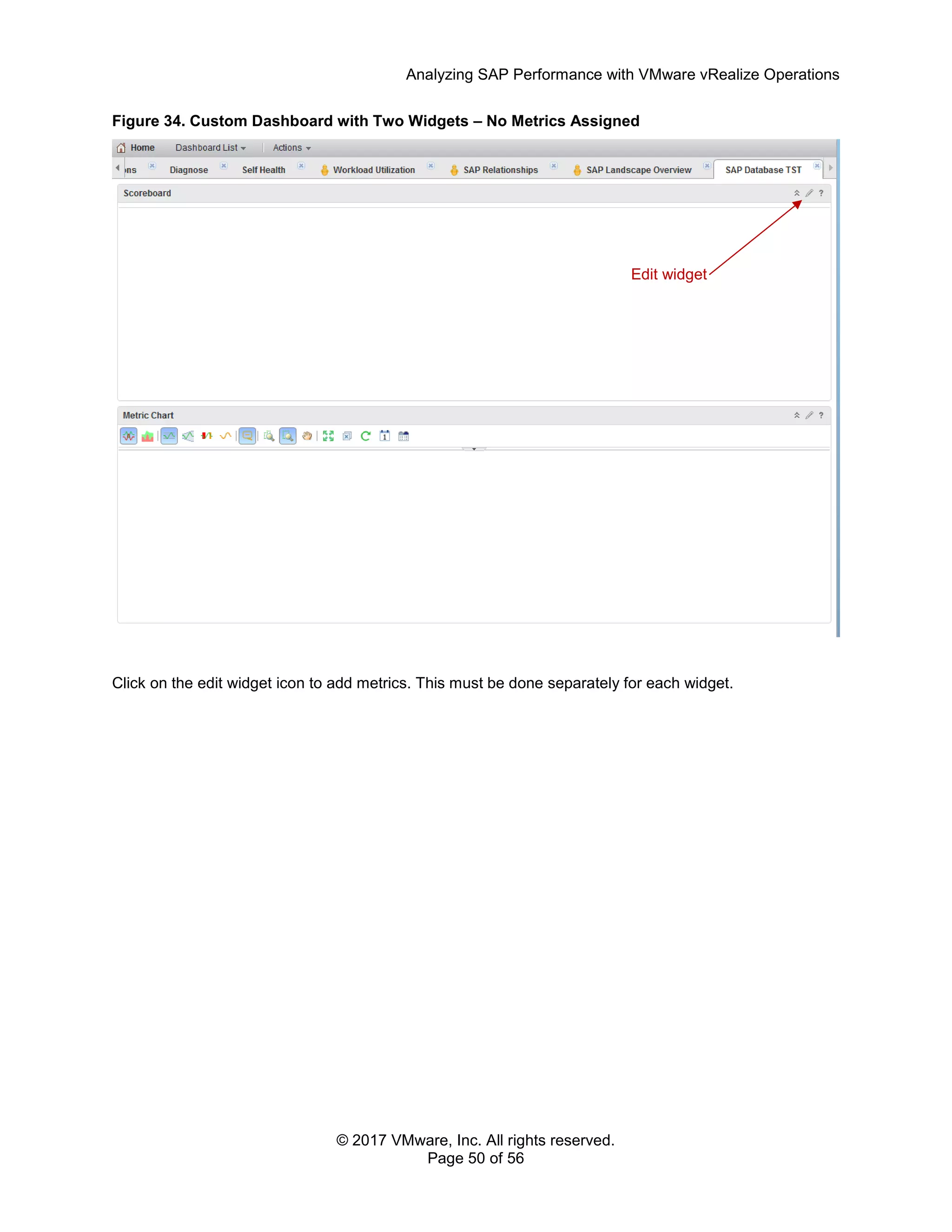 Analyzing SAP Performance with VMware vRealize Operations
© 2017 VMware, Inc. All rights reserved.
Page 50 of 56
Figure 34. Custom Dashboard with Two Widgets – No Metrics Assigned
Click on the edit widget icon to add metrics. This must be done separately for each widget.
Edit widget
 