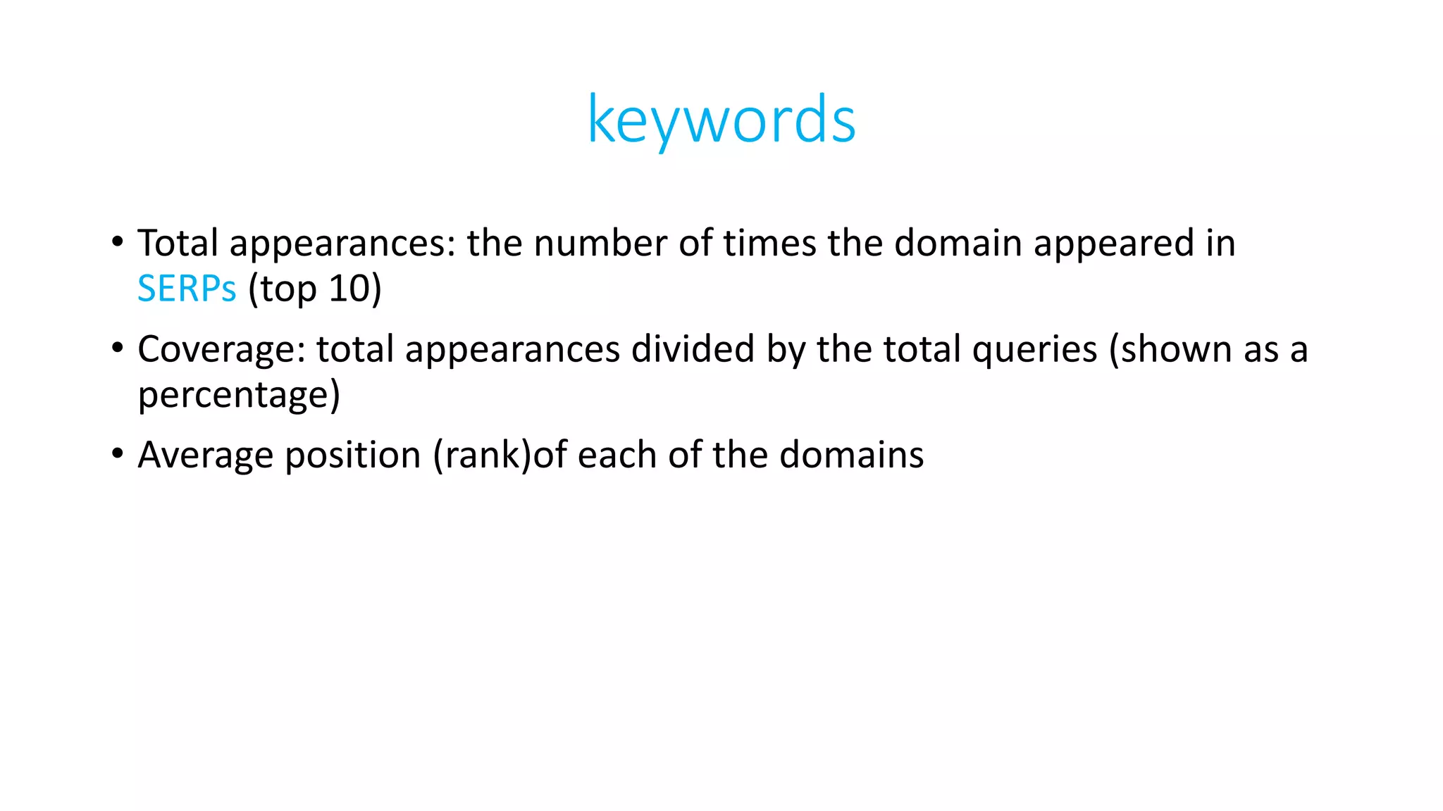 keywords
• Total appearances: the number of times the domain appeared in
SERPs (top 10)
• Coverage: total appearances divided by the total queries (shown as a
percentage)
• Average position (rank)of each of the domains
 