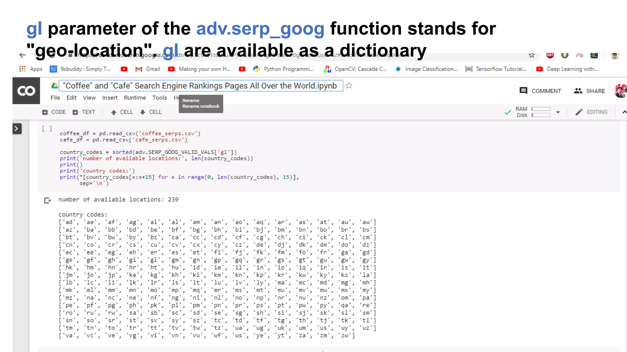 gl parameter of the adv.serp_goog function stands for
"geo-location". gl are available as a dictionary
 