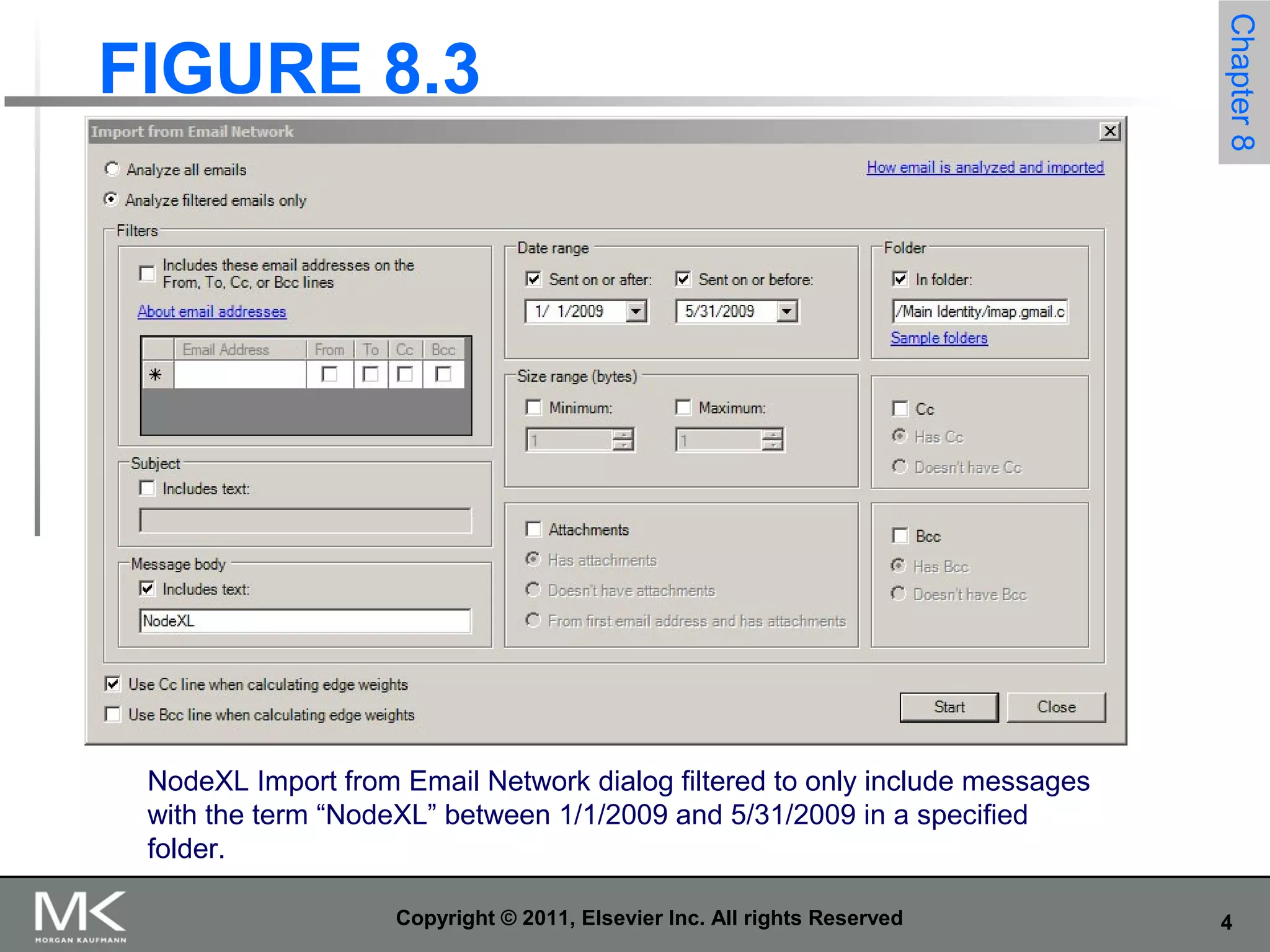 4Copyright © 2011, Elsevier Inc. All rights Reserved
FIGURE 8.3
Chapter8
NodeXL Import from Email Network dialog filtered to only include messages
with the term “NodeXL” between 1/1/2009 and 5/31/2009 in a specified
folder.
 