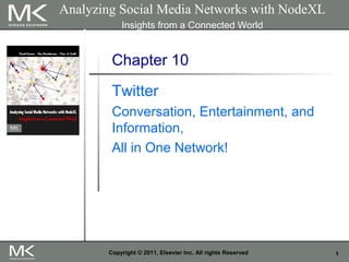1Copyright © 2011, Elsevier Inc. All rights Reserved
Chapter 10
Twitter
Conversation, Entertainment, and
Information,
All in One Network!
Analyzing Social Media Networks with NodeXL
Insights from a Connected World
 