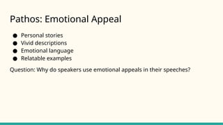 Pathos: Emotional Appeal
● Personal stories
● Vivid descriptions
● Emotional language
● Relatable examples
Question: Why do speakers use emotional appeals in their speeches?
 
