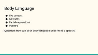 Body Language
● Eye contact
● Gestures
● Facial expressions
● Posture
Question: How can poor body language undermine a speech?
 