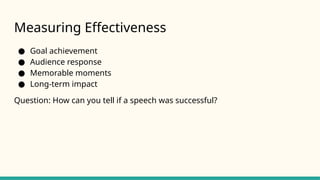 Measuring Effectiveness
● Goal achievement
● Audience response
● Memorable moments
● Long-term impact
Question: How can you tell if a speech was successful?
 