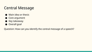 Central Message
● Main idea or thesis
● Core argument
● Key takeaway
● Overall goal
Question: How can you identify the central message of a speech?
 