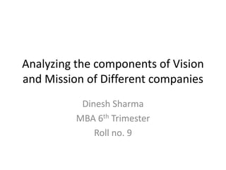 Analyzing the components of Vision
and Mission of Different companies
           Dinesh Sharma
          MBA 6th Trimester
              Roll no. 9
 